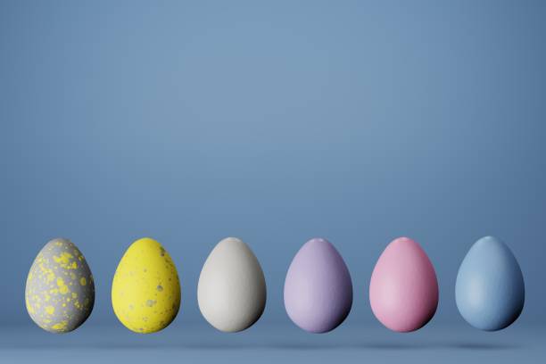 istock Row of six Easter eggs in trendy colors on blue background, copy space. 3D render 1303888777