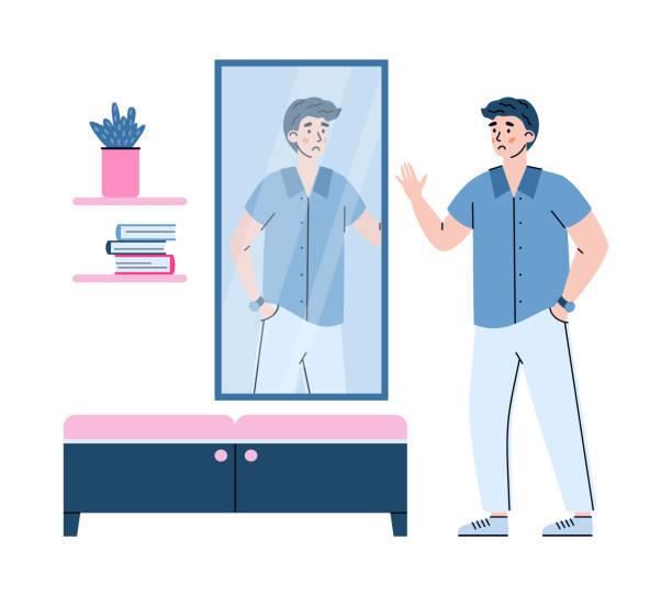 Non-confident young man in front of mirror cartoon vector illustration isolated. Non-confident young man cartoon character in front of a mirror, flat vector illustration isolated on white background. Problem of self-acceptance and love to own body. non gender figure stock illustrations