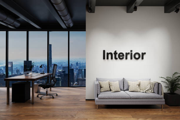 istock modern luxury loft with skyline view, wall with interior lettering, 3D Illustration 1303891314