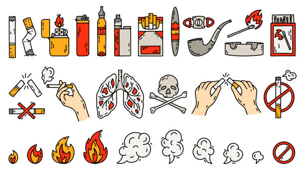 ilustraciones, imágenes clip art, dibujos animados e iconos de stock de conjunto de malos hábitos para fumar cigarrillos - colilla