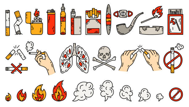 Cigarette smoking vector set of bad habits Smoking vector icons set in doodle style, hand drawing. The concept of bad habits with tobacco, lighters and Cigarettes cigarette warning label stock illustrations
