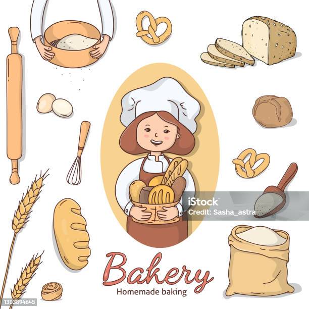 Woman Baker With A Basket Of Bread Ingredients And Baking Supplies
