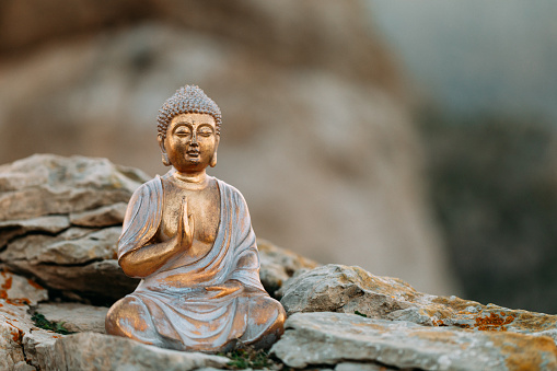 Peaceful Buddha figure sitting on a rock surrounded by mountains. Part of a series.