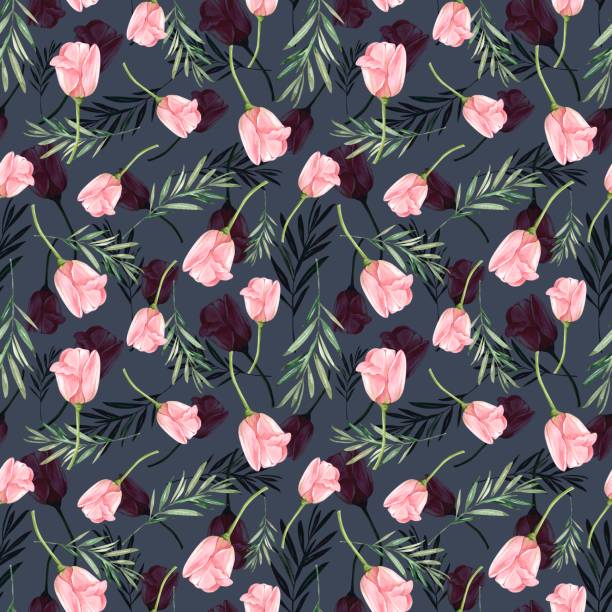 istock seamless pattern with delicate flowers pink tulips and green branches, watercolor illustration on dark background 1303896067