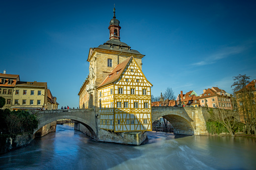 Amazing view on old Town Hall (Altes Rathaus) on island in Bamberg city with two bridges over the Regnitz.