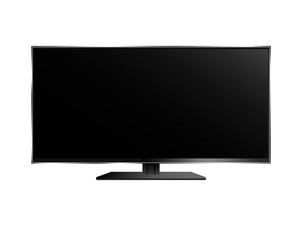 istock Realistic smart TV. Wide black empty screen with slim elegant silver body on stand modern 3D plasma. 1303903326