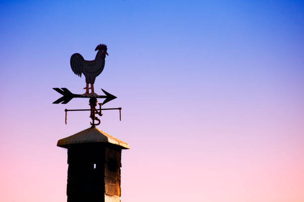 Weather vane in rooster shape on chimney, arrow symbol, sunset background. Copy space available. Galicia, Spain.