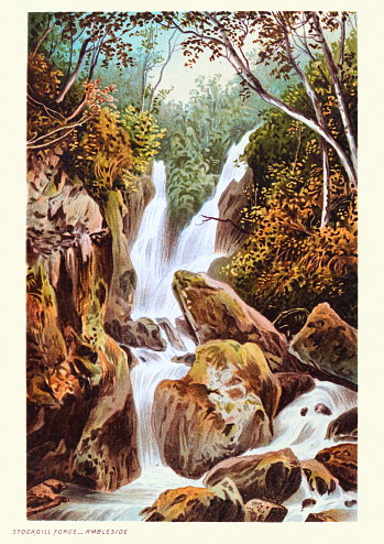 Vintage illustration of Stock Ghyll Force waterfall, Ambleside, Lake District, 19th Century