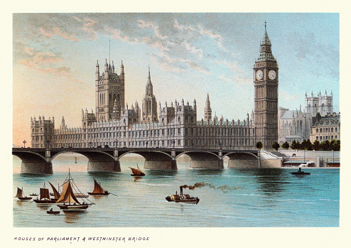 Vintage illustration of Houses of Parliament and Westminster Bridge, Victorian London Landmarks, 19th Century