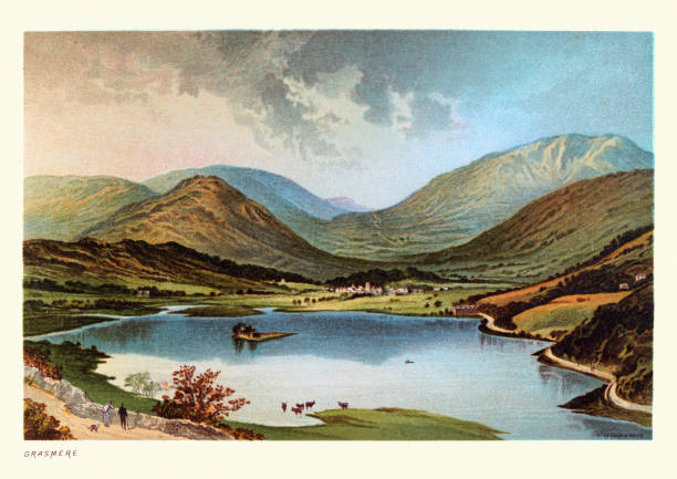 Grasmere Lake, English Lake District, Victorian landscape art, 19th Century Vintage illustration of Grasmere Lake, English Lake District, Victorian landscape art, 19th Century. Grasmere is one of the smaller lakes of the English Lake District, in the county of Cumbria. It gives its name to the village of Grasmere, famously associated with the poet William Wordsworth, which lies immediately to the north of the lake. grasmere stock illustrations