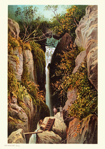 Dungeon Ghyll waterfall, Ambleside, Lake District, 19th Century Vintage illustration of Dungeon Ghyll waterfall, Ambleside, Lake District, 19th Century english culture illustrations stock illustrations