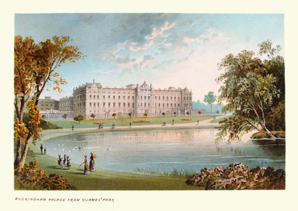 st james' park'tan buckingham sarayı, viktorya dönemi londra simge yapıları, 19. - londra i̇ngiltere illüstrasyonlar stock illustrations
