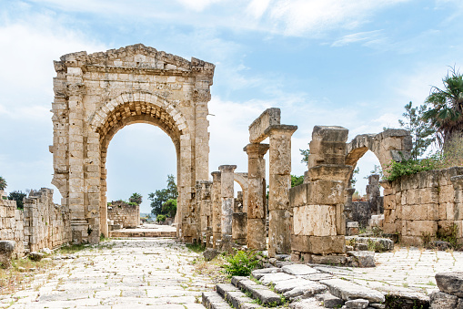 The reconstructed Triumphal Arch of Hadrian, Al Bass archaeological site Roman ruins, Tyre, Lebanon