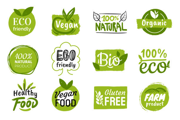çevre dostu yeşil rozet tasarımı seti. vegan, biyo, organik gıda, glütensiz ve doğal ürünler etiketlerinin toplanması. etiket paketi, gıda, kozmetik için eko çıkartmalar. elle çizilmiş stil. - vejeteryan yemekleri stock illustrations
