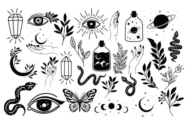 ilustraciones, imágenes clip art, dibujos animados e iconos de stock de paquete de tatuaje minimalista sobre un fondo blanco - tatuaje