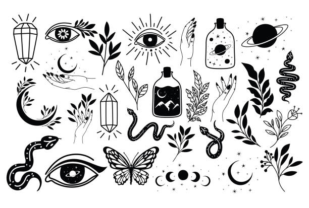 ilustrações, clipart, desenhos animados e ícones de pacote de tatuagem minimalista sobre um fundo branco - tattoo