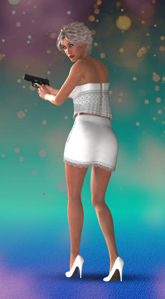 atrakcyjna kobieta z bronią w białej sukni i butach, ilustracja 3d - isolated glamour conflict action zdjęcia i obrazy z banku zdjęć