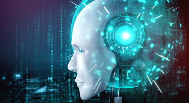 istock Robot humanoid face close up with graphic concept of AI thinking brain 1303912613