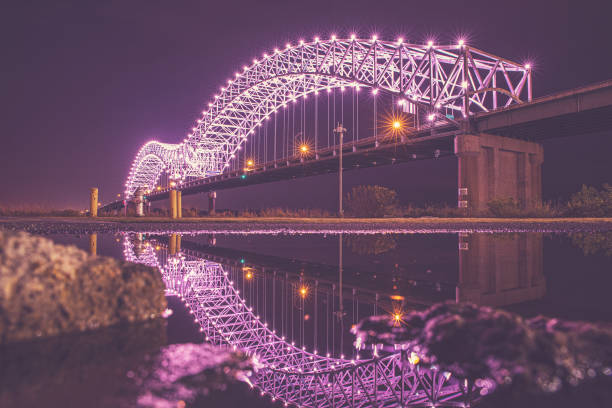 Memphis, Tennessee, Bridge Reflection Reflection of the Hernando DeSoto Bridge in Memphis, Tennessee, taken from Mud Island River Park at night. memphis tennessee stock pictures, royalty-free photos & images