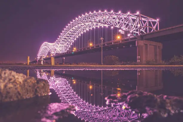 Reflection of the Hernando DeSoto Bridge in Memphis, Tennessee, taken from Mud Island River Park at night.