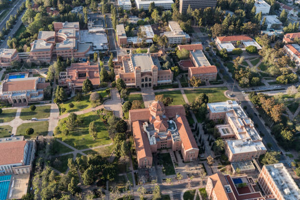 University of California Los Angeles Campus Los Angeles, California, USA - April 18, 2018:  Aerial overview of historic UCLA campus buildings near Westwood. ucla photos stock pictures, royalty-free photos & images