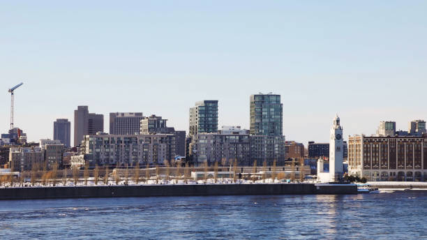 Montreal view of white clocktower and new condo developments behind the piers