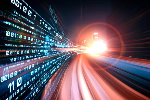 istock Digital data flow on road with motion blur to create vision of fast speed transfer 1303913635
