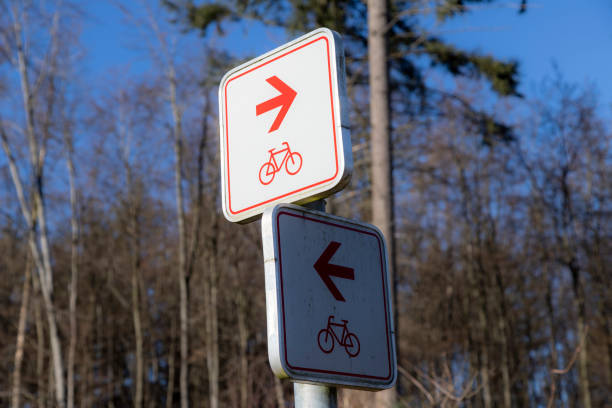 istock two signs showing different directions of bicycle way 1303913652
