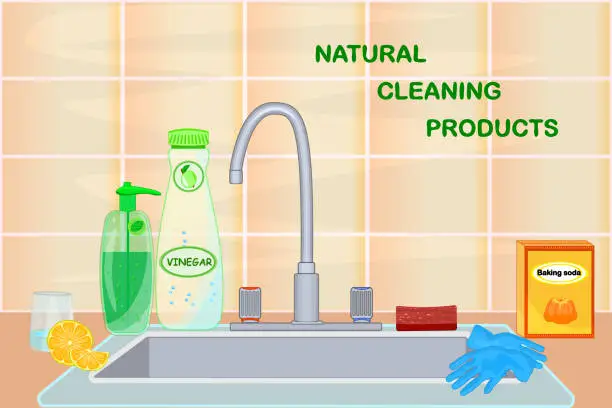 Vector illustration of Kitchen sink with natural cleaning products. Vinegar, lemon, baking soda.