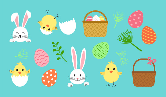 Easter vector set, cute spring icon. Cartoon bunny, egg, rabbit, basket, chick with shell. Holiday illustration