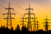 Power pylons reache into the sunset sky. Silhouettes of big trees under energy transmission towers.