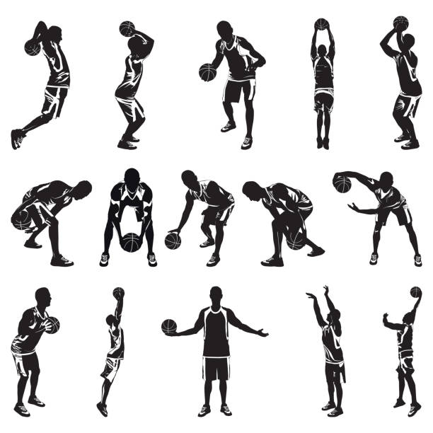 ilustrações de stock, clip art, desenhos animados e ícones de basketball player silhouettes, vector illustration. dribbling, bouncing, passing, shooting ball, free throw, slam dunk. - atirar à baliza ilustrações
