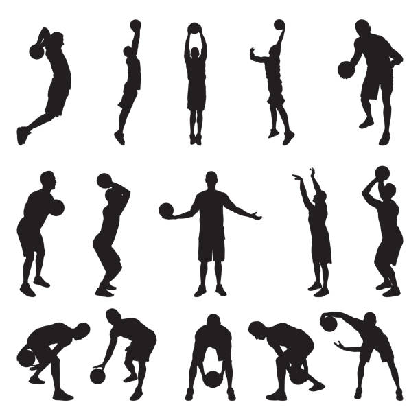 ilustrações, clipart, desenhos animados e ícones de silhuetas de jogadores de basquete, ilustração vetorial. driblar, quicar, passar, arremessar bola, lance livre, slam dunk. - basketball silhouette sport athlete