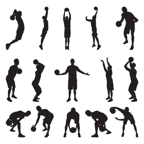 Basketball player silhouettes, vector illustration. Dribbling, bouncing, passing, shooting ball, free throw, slam dunk. Basketball player silhouette set, vector illustration. Professional athletes dribbling, bouncing, passing, shooting the ball jumping in the air. Basketball crossover dribbling, free throw, slam dunk. basketball practice stock illustrations