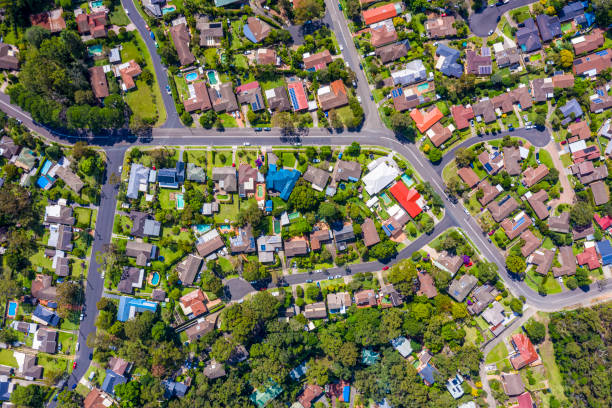 Sydney Suburb overhead perspective roof tops stock photo