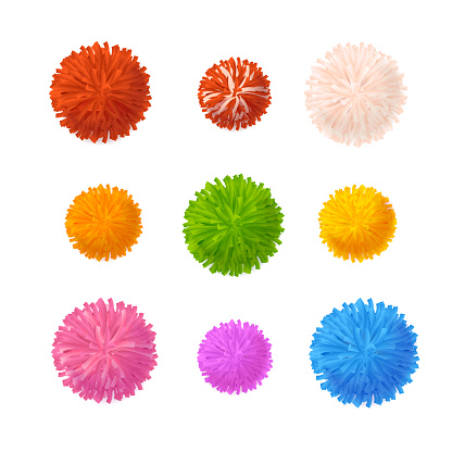 Realistic Detailed 3d Colorful Pom Poms Set Decorative Element Pompom. Vector illustration of Fluffy Ball Pompon