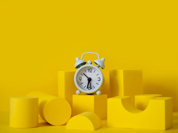 composition with podiums for the presentation of products. A scene layout with geometric shapes and a clock. Showcase. copy space and product ads