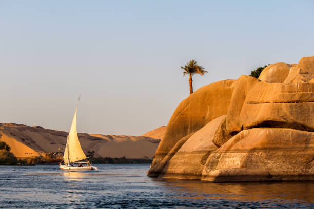 barca a vela sul fiume nilo al tramonto, roccia con antiche incisioni nella parte anteriore - fiume nilo foto e immagini stock