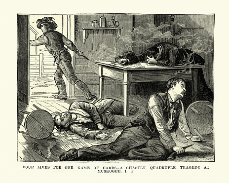 Vintage illustration of Murder over a game of cards, Muskogee, Oklahoma (Then Indian Territory), American Wild West Crime, 19th Century.  Four lives for one game of cards, a ghastly quadruple tragedy at Muskogee