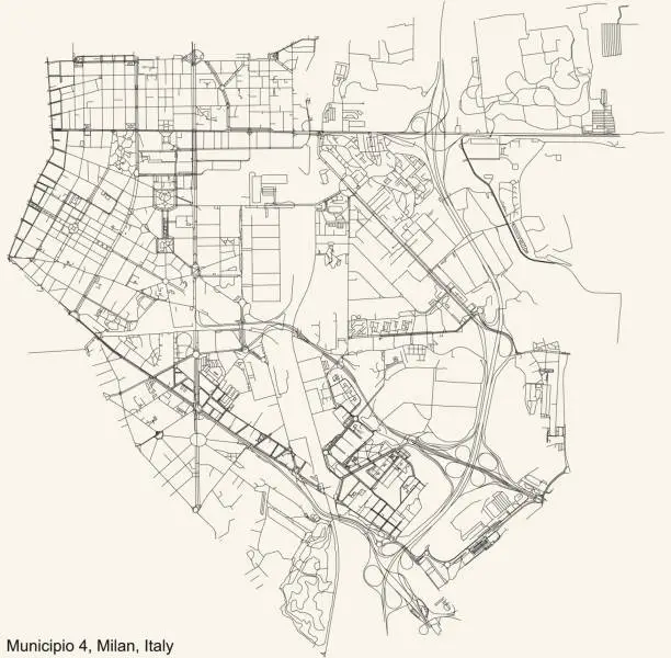 Vector illustration of Street roads map of the Municipio 4 Zone of Milan, Italy (Porta Vittoria, Forlanini)