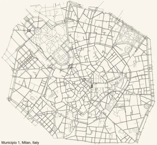 Vector illustration of Street roads map of the Municipio 1 Zone of Milan, Italy (Centro storico)