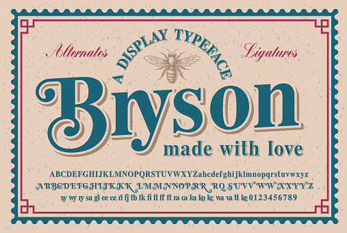 A vintage serif typeface with a big set of alternates and ligatures, this font looks better for headlines or short phrases and can be used for alcohol labels, retro emblems as well as for many other uses.