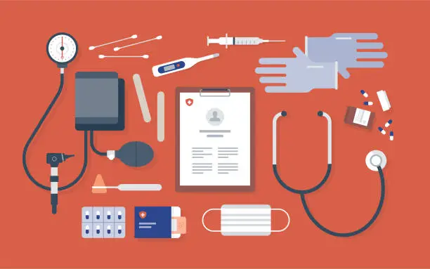 Vector illustration of Overhead view of neatly ordered doctor's office medical equipment