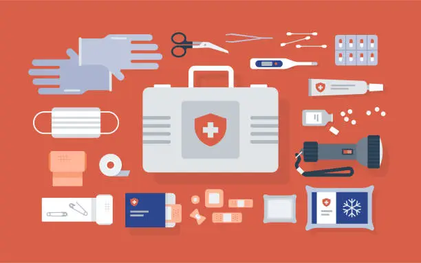 Vector illustration of Overhead view of neatly ordered first aid medical equipment