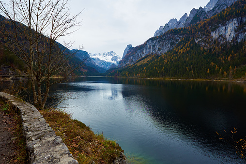 Gosausee lake landscape with Dachstein mountains in Austrian Alps. Salzkammergut region.