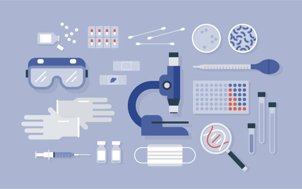 깔끔하게 주문된 의료 연구 실험실 장비의 오버헤드 뷰 - 실험실 일러스트 stock illustrations