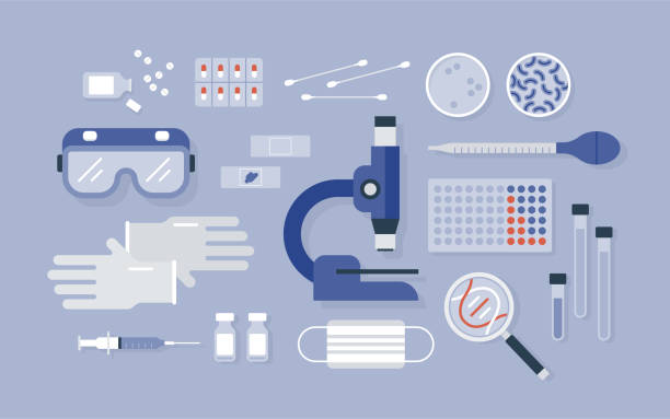 ilustrações de stock, clip art, desenhos animados e ícones de overhead view of neatly ordered medical research laboratory equipment - disco de petri