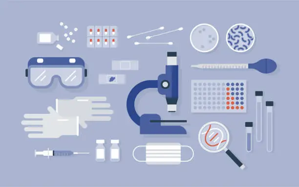 Vector illustration of Overhead view of neatly ordered medical research laboratory equipment