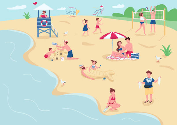 ilustrações, clipart, desenhos animados e ícones de recreação na areia de cor plana ilustração vetorial. pessoas tomando sol, relaxando em cobertores. crianças brincando, construindo personagens de desenhos animados 2d de castelo de areia com paisagem marinha ao fundo - fun tourist resort beach group of people