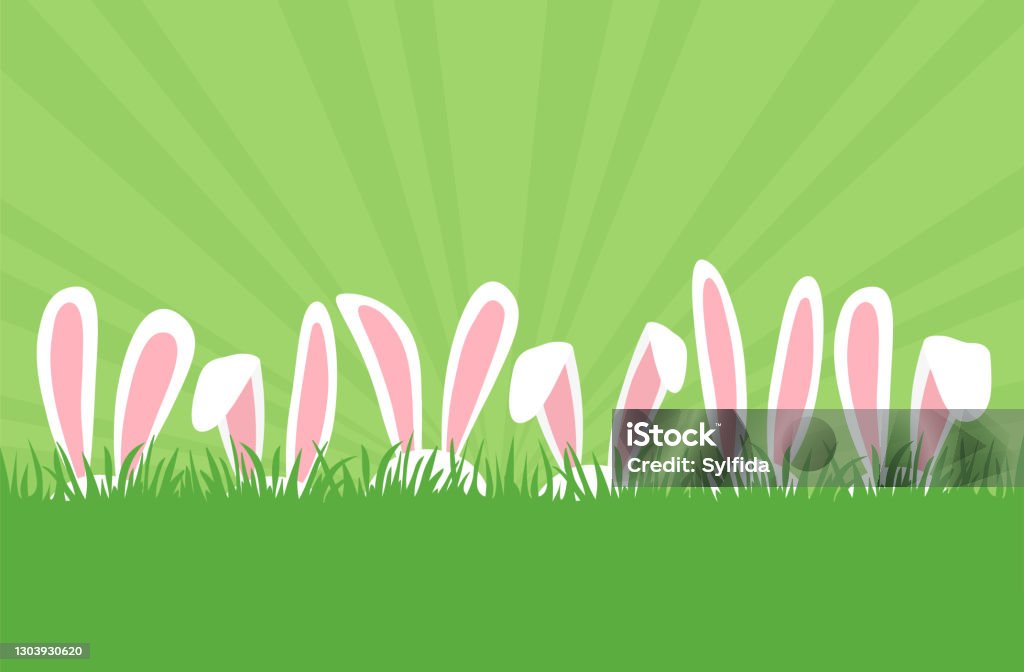 Conejos de Pascua orejas en fila en hierba, conejos de dibujos animados orejas borde. Caza de huevos de Pascua. Lindo fondo de vacaciones. Ilustración de primavera - arte vectorial de Pascua libre de derechos